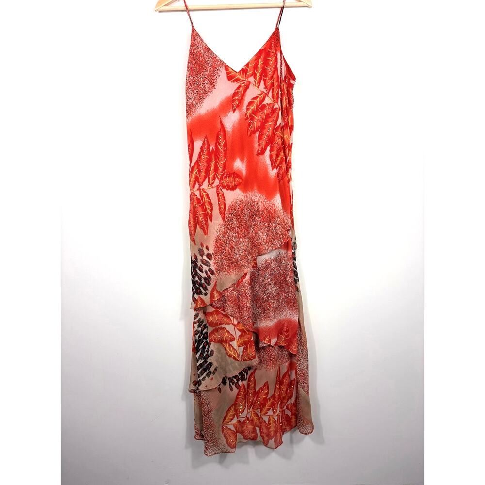 🍂 Jessica Taylor Beaded Leaf Print Handkerchief Hem Slip Dress | L | Y2K